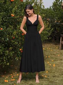 PARTHEA 优雅女士长款A字连衣裙，V领设计，露背褶皱胸衣，喇叭形下摆，无弹力面料，休闲风格 - 黑色 - 查看 4