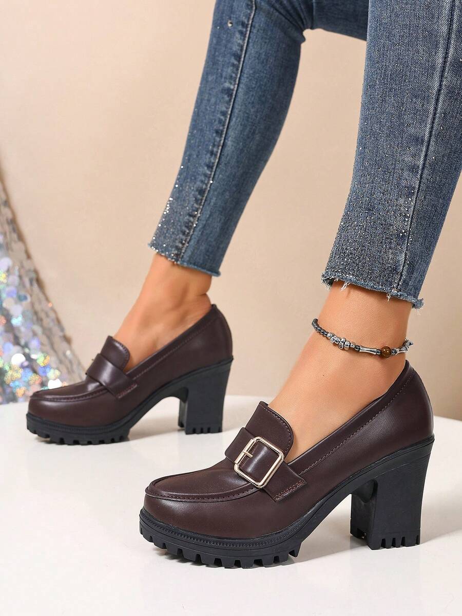 Giày lười nữ đế dày, cao gót, kiểu Anh, trang trí kim loại, kiểu dáng slip-on, đế dày chống trượt, thích hợp cho công sở và thường ngày. - màu nâu - Xem 1