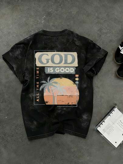 女士夏季圆领短袖T恤，水洗面料，柔软舒适，休闲百搭。日落棕榈树印花图案，散发青春活力。适合跑步、休闲、聚会、派对等各种场合。宽松的街头风，也非常适合户外穿着，是夏季穿搭的理想之选。黑色