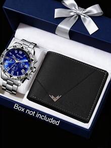 2件套豪华商务男士手表套装，包括一款男士石英手表组合，采用蓝色表盘罗马数字多功能石英表，搭配黑色PU皮革钱包。 - 銀色 - 查看 2