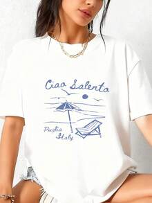Women'S Casual Ciao Salento Italian Print T-Shirt - Short Sleeve, Round Neck, Lightweight Polyester, Spring Summer Top With Umbrella & Sun Design, Everyday Tshirt   Casual Style   Lightweight Fab - Trắng 3 - Xem 1