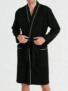 YUNTUO Men's Autumn/Winter Long Sleeve Robe, V-Neck Loose Retro Pattern, Versatile Loungewear For Home, Outdoor, And Commuting - Black - View 1