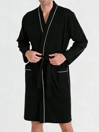 Men's Autumn/Winter Long Sleeve Robe, V-Neck Loose Retro Pattern, Versatile For Home, Outdoor, And Commuting