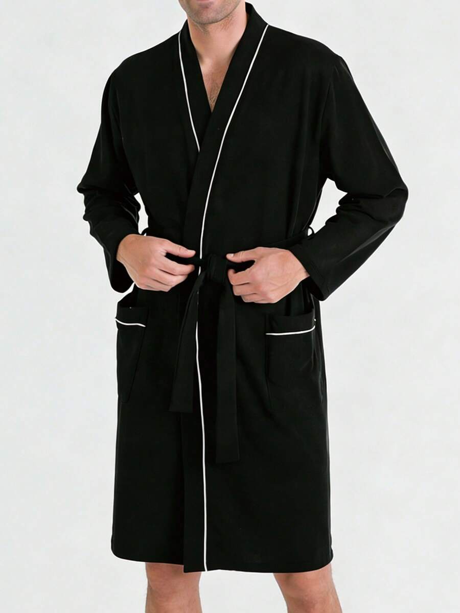 YUNTUO Men's Autumn/Winter Long Sleeve Robe, V-Neck Loose Retro Pattern, Versatile Loungewear For Home, Outdoor, And Commuting - Black - View 1