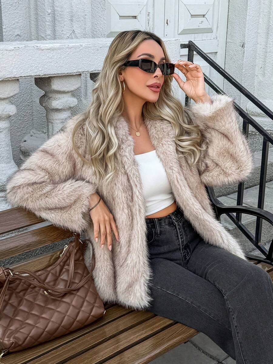 Women's Elegant Faux Fur Warm Jacket, Long Sleeve Stand Collar Thick Furry Coat, Fashion Casual Ladies Outerwear, Luxurious Stylish Commuter Daily Winter Jacket For Women - Light Brown - View 1