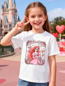 Disney Apparel, Featuring A Disney Princess Ariel Valentine's Day-Themed Design On This Girls' T-Shirt. This Soft, Breathable Short-Sleeve Crew Neck Tee Is Perfect For Spring And Summer Wear, Ideal For Everyday Outfits, Vacation Leisure, Outdoor Adventures, School Life, And Shopping Trips. It Also Makes An Excellent Gift For Boys And Girls Alike. Every Child Deserves One. - 白色 - 查看 2