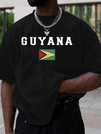 Men Cotton Breathable Moisture-Wicking T-Shirt With Guyana Flag Graphic Print Street Style Regular Fit Short Sleeve Tee For Sports Outdoor Travel Casual Wear All-Season Comfort Machine Washable Ideal Gift Sports Comfort Shirt
