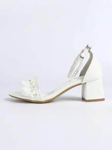 Women's Butterfly Decor Chunky Heel Square Toe Ankle Strap Sandals, Elegant Bridal Style, Suitable For Brides In Summer, White,Block Heels - White - View 5