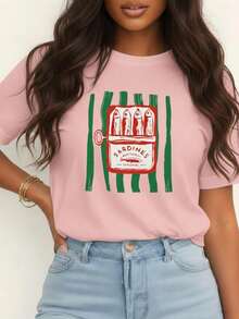 Camiseta Feminina Estampa Gráfica Sardinhas Verão Europeu, Manga Curta e Gola Redonda Casual para Verão & Primavera, Lançamento Moda  T-shirt Gráfica Sardines - Rosa Bebê - Visão 1