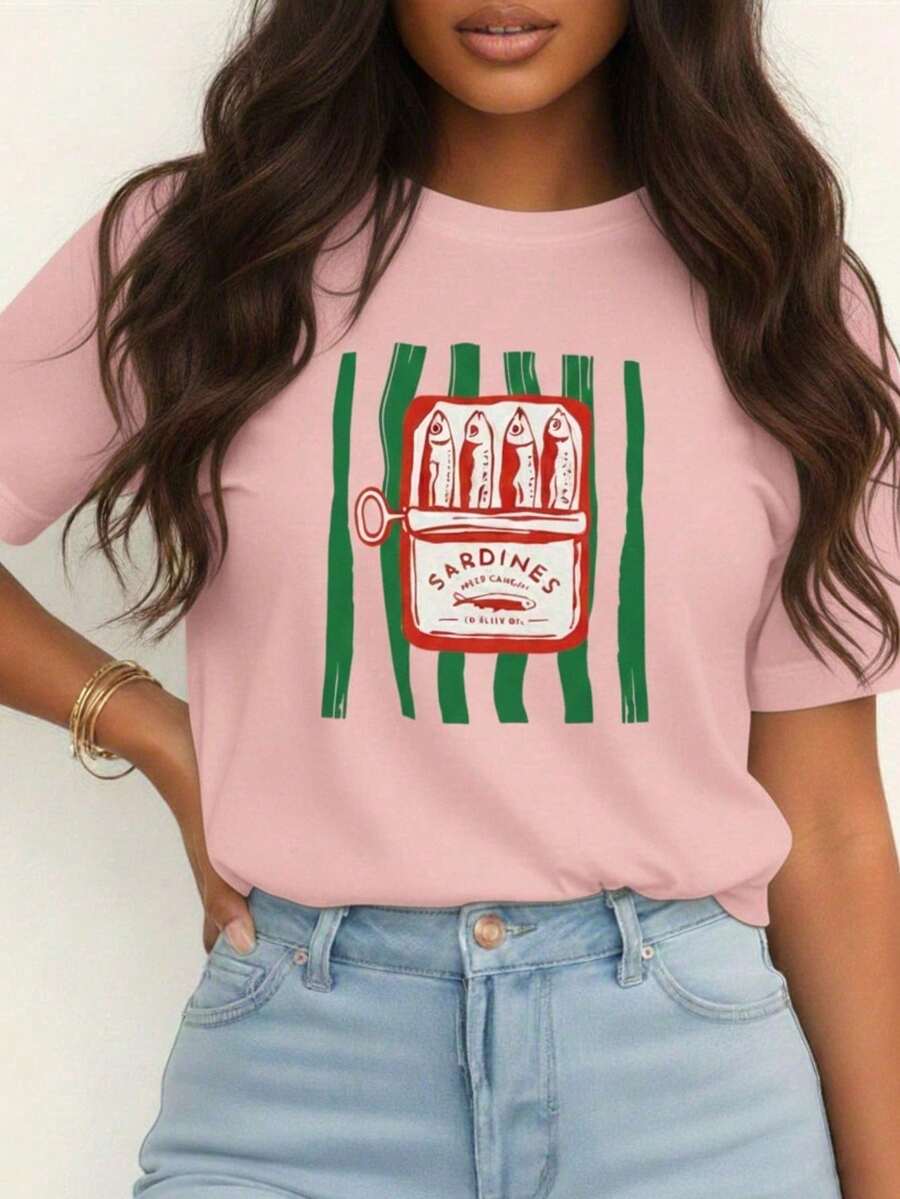 Camiseta Feminina Estampa Gráfica Sardinhas Verão Europeu, Manga Curta e Gola Redonda Casual para Verão & Primavera, Lançamento Moda  T-shirt Gráfica Sardines - Rosa Bebê - Visão 1