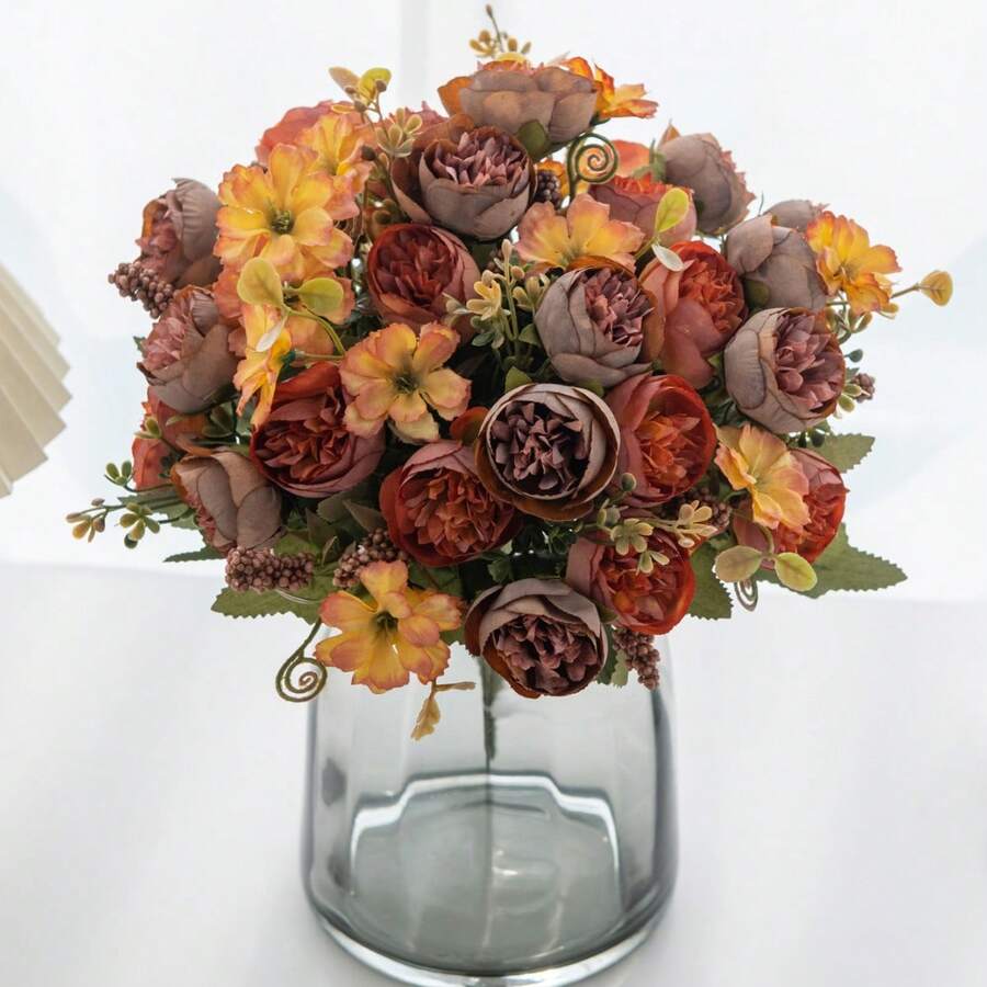 Buquê de Flores Artificiais com Contas Rosadas, Flores Falsas para Decoração de Casamento, Decoração Doméstica Atacado - laranja - Visão 1