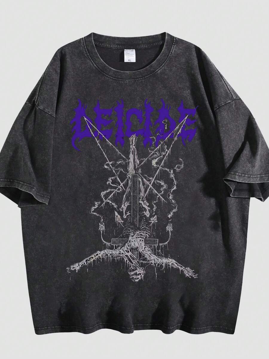 Washed T-Shirt Dark Gothic Cross Graphic Print Tee - Comfort Casual Top For Men & Women - 黑色 - 查看 1