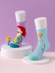 Disney 10/5 双装公主可爱女童袜，艾莎、美人鱼公主图案，中筒袜，韩版卡通，男童冬季透气婴儿/学生短袜 - 彩色 - 查看 8