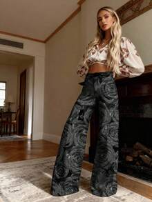 Black Rose Pattern Print Jeans |   Exquisite, Classic, , Essential Stretchy Wide Leg Pants For Women, European And American Style, Autumn And Winter, Sexy Long Length, Slim Fit - Nhiều màu - Xem 2