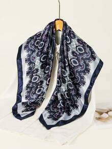 1pc Women's Popular Printed 90cm Square Scarf With Chain, Suitable For Daily Wear Satin Headscarf/Bandana - Cashew Flower - Navy Blue - View 3