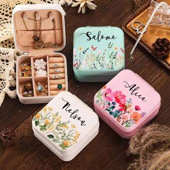 Caja de joyería personalizada con flores y letras, caja de joyería de viaje con nombre personalizado, regalo para fiesta nupcial, regalo para dama de honor, caja de joyería de Navidad, gran capacidad impermeable, adecuada para aretes, collares, anillos, regalo para novia, mamá, mejor amiga, Día de San Valentín, portátil, regalo personalizado