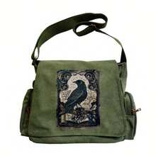 Vintage Raven Print Women's Shoulder Bag Men's Crossbody Messenger Bag Large Capacity Canvas Laptop Bag - xanh quân đội - Xem 3