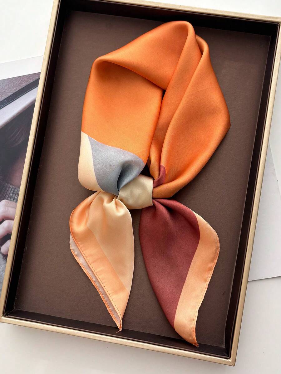 1pc Imitation Silk Simple Checkerboard Print 70cm Square Scarf, Men's Bandana, Versatile Neck Scarf, Sun Protection - Coral Orange - View 1