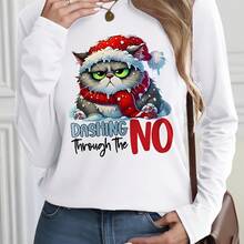 Women's Black Long Sleeve Shirt With  Gray Cat Cartoon, Red Santa Hat & Scarf, White Paw Prints, Blue 'DASHING THROUGH THE' & Bold Red 'NO' Text - Casual Fashion Graphic Tees For Daily Wear-Y2K Style Loose Fit Crew Neck Long Sleeve T-Shirt Women's Casual Everyday Must-Have Top - trắng - Xem 6