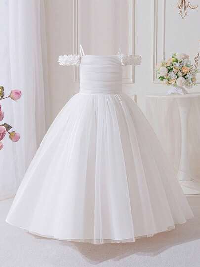 Tween Girls Solid Color Spaghetti Strap Lace Mesh Elegant Long Birthday Party Dress, Suitable For Flower Girl At Weddings, Formal Dinners, Does Not Include Headband