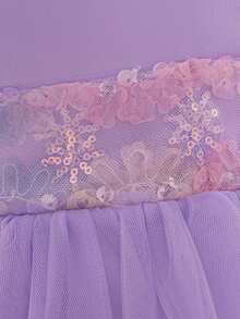 女婴亮片网纱蝴蝶结不对称露肩拖地公主裙，适合派对、婚礼、生日等场合，不含头饰 - 淡紫色 - 查看 7