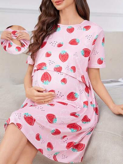 Postpartum Women's Casual Maternity Sleepwear, Round Neck Strawberry Print Short Sleeve Nightgown, Cozy And Comfortable Maternity Loungewear