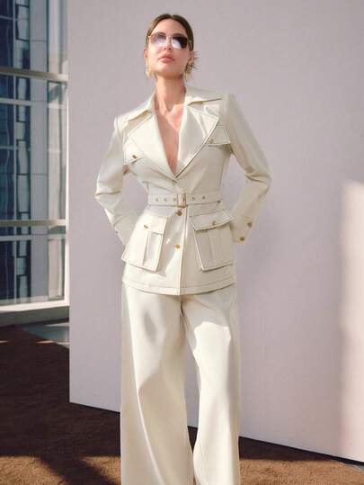 Sollinarry 女士春夏新款时尚纯色口袋装饰腰带开衫外套和阔腿裤两件套，适合办公室和教师穿着