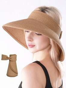 Wide Brim Sun Visor Hat For Women – Foldable Straw UV Protection Beach Hat With Boho Bow - 卡其色 - 查看 6