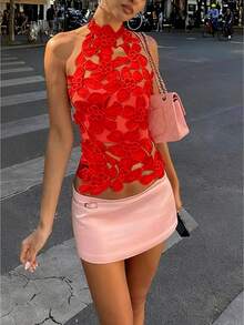 Womens Floral Lace Halter Top Sleeveless Sheer Blouse Summer Beach Wear - Đỏ - Xem 2