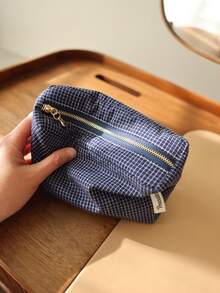 Precatch Small Makeup Bag For Purse, Aesthetic Grid Pattern Cosmetic Pouch, Portable Travel Toiletry Organizer, Compact Daily Storage Bag For Essentials, Deep Blue - Navy Blue - View 9