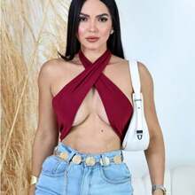 WO Cropped Top With A Crossover Neckline At The Front, Suplex Fabric With Built-In Cups, Multi-Way Cropped Top With Tie Closure. New Arrival. - 酒紅色 - 查看 2