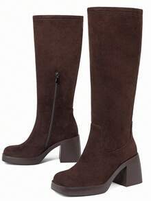 2025 New Fall Fashion Knee High Boots For Women Thick Heel Solid Color Side Zipper Square Toe Comfortable Classic Wide Calf Boots Winter Party Motorcycle Nightclub Shoes - 棕色絨面革 - 查看 5
