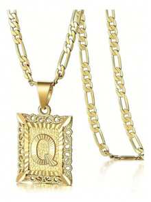 Initial Necklace Square Letter Pendant Necklace Capital Monogram Necklace Alhpabets From A-Z Figaro Chain Necklace - Multicolor - View 20