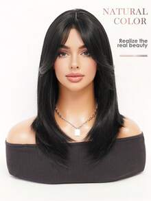 XOUJE Tóc giả dài 20 inch màu đen tự nhiên, thẳng, có lớp mái, mềm mại và dễ tạo kiểu, làm từ sợi tổng hợp, hoàn hảo cho sử dụng hàng ngày, vẻ thanh lịch đơn giản, các bữa tiệc, công sở, nhập vai và các lễ hội. - màu đen - Xem 7