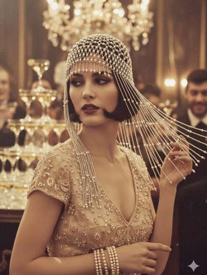 1件手工串珠珍珠发箍，异域风情格纹发带，20世纪20年代复古宴会风格头饰，婚礼摄影个性化帽子