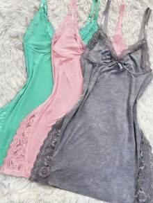 3 Pieces Of Women's Solid Color Sexy Lingerie, Bowknot Lace Splicing Nightdress, Side Split Suspender Skirt, Sexy Lace Underwear Nightdress Bottoming Skirt - 綠色+粉紅色+灰色 - 查看 10