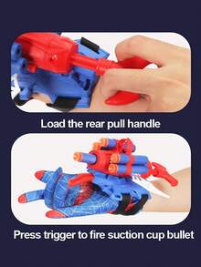 1set Interactive Plastic Hero Web Shooter Toy Set (Includes Glove & Soft Bullets), Cartoon Red & Blue Spider Pattern Wrist-Mounted Shooting Function Cosplay Prop For Kids Halloween Christmas Birthday Party Gift