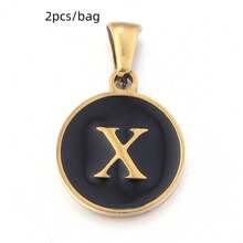 2pcs/Pack Stainless Steel Single-Sided Round English Letter Pendant, Fashionable Minimalist English Letter Pendant Necklace Accessory, DIY Jewelry Making Pendant - Black - View 22