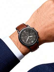 Fossil Neutra 男士计时腕表，时尚石英表，蓝色圆形表盘，真皮表带，商务休闲风格，日常工作和旅行的百搭必备单品，送给男友或父亲的绝佳礼物。男士圣诞腕表 FS5453 - 棕色 - 查看 3