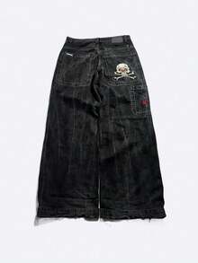 Y2K Harajuku Hip-Hop Unisex Street Jeans, Retro Blue Style, Loose High Waist Wide Leg, Letter Print - Black - View 2
