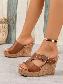 Women's Fashionable Versatile Buckle Design Thick Bottom Wedge Sandals For Daily Wear - Brown - View 2