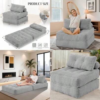 Folding Sofa Bed Convertible Sleeper Chair Bed W/Dua And Handle Foldable Floor Sofa Lounge W/Back Port For Living Room Bedroom Apartment Office - Light Grey