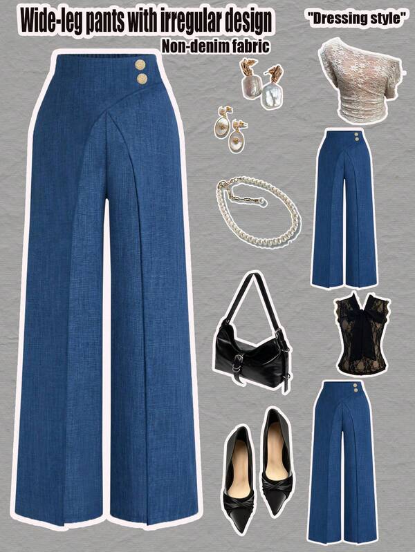 Women's Elegant Commuter, Casual, Versatile High-Waisted Non-Denim Asymmetric Wide-Leg Pants With Gold-Tone Buttons And Side Zipper, Suitable For Halloween, Christmas Eve, Christmas, Spring Festival, Outings, Gatherings With Friends, Shopping, Entertainment, Work, Etc. All-Match Jacket Fabric Is Comfortable, Stylish Design, High Cost-Performance, Suitable For Spring, Summer, Autumn And Winter