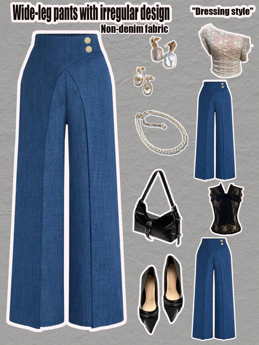 这款女士优雅通勤休闲百搭高腰非牛仔不对称阔腿裤，配以金色纽扣和侧拉链，适合万圣节、圣诞夜、圣诞节、春节、郊游、朋友聚会、购物、娱乐、工作等各种场合。百搭外套面料舒适，设计时尚，性价比高，适合春、夏、秋、冬四季穿着。 - 藍色 - 查看 1