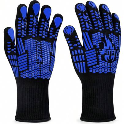 BBQ Gloves, Oven Gloves, 1472F Extreme Heat Resistant Barbecue Gloves, Silicone Non-Slip Oven Mitts, Kitchen For CooFKing, Grilling, And BaFKing (Blue)