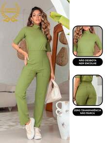 Maria do Luxo Ribbed Knit Set With Elastane, Palazzo Pants With Pockets. Women's Fashion For All Occasions. - 橄欖綠 - 查看 5