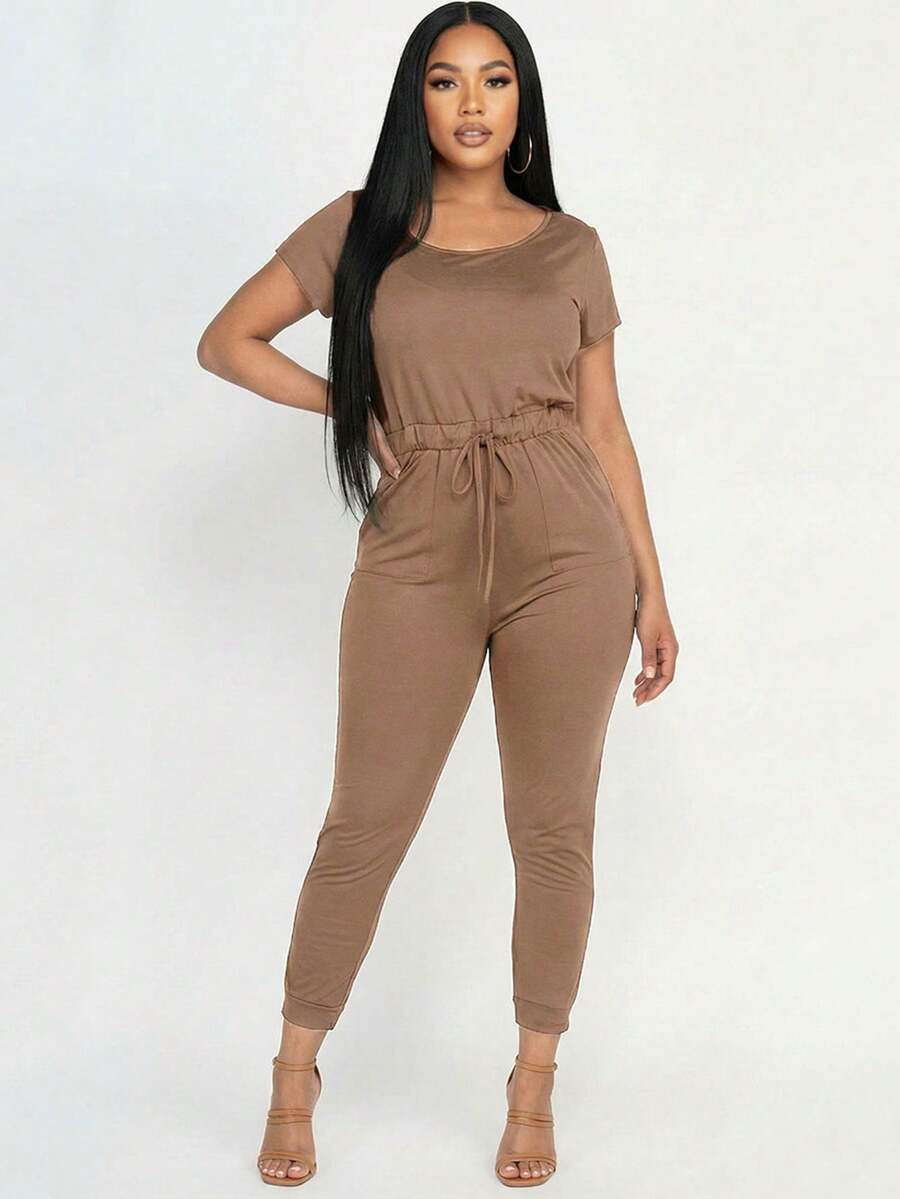Women's Solid Color Casual Two-Way Shoulder Tie Waist Drawstring Short Sleeve Jumpsuit Scoop Neck Off Shoulder Jumpsuit For Women - 摩卡 - 查看 1