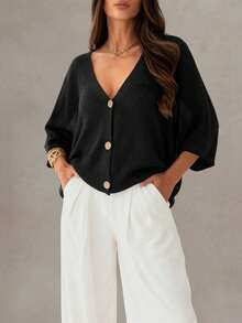 Women's New V-Neck Crochet Hollow Semi-Sheer Drop Shoulder Button Up Cardigan, Casual Fashionable Basic Lightweight Loose Knit Top, Spring/Summer/Autumn - Black - View 2