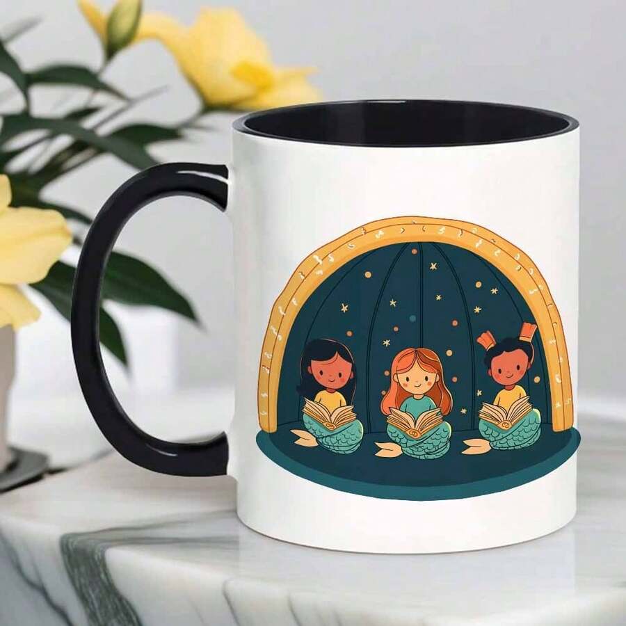 1pc, 11oz, Little Mermaids Reading Books In An Archway, Reusable Mug Home, Office, And Gatherings, Great Parties - màu đen - Xem 1