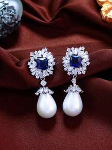 一对优雅的白色珍珠吊坠耳环，镀银立方氧化锆首饰，适合新娘、伴娘、订婚、宴会、派对、舞会、情人节、生日、周年纪念日等场合佩戴。 - 1pcs of Earrings - 查看 13